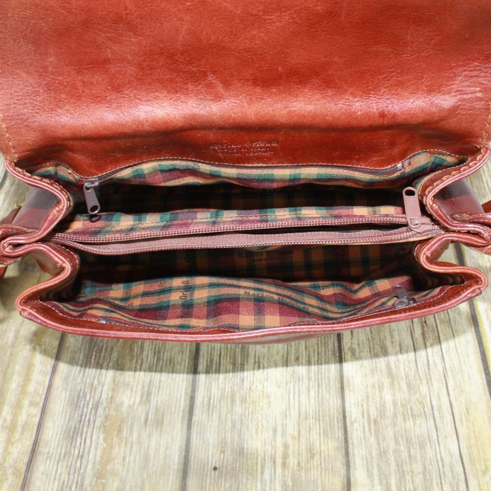 Marino Orlandi Brown Leather Flap Studded Plaid Lined Crossbody Purse Handbag - Picture 11 of 12